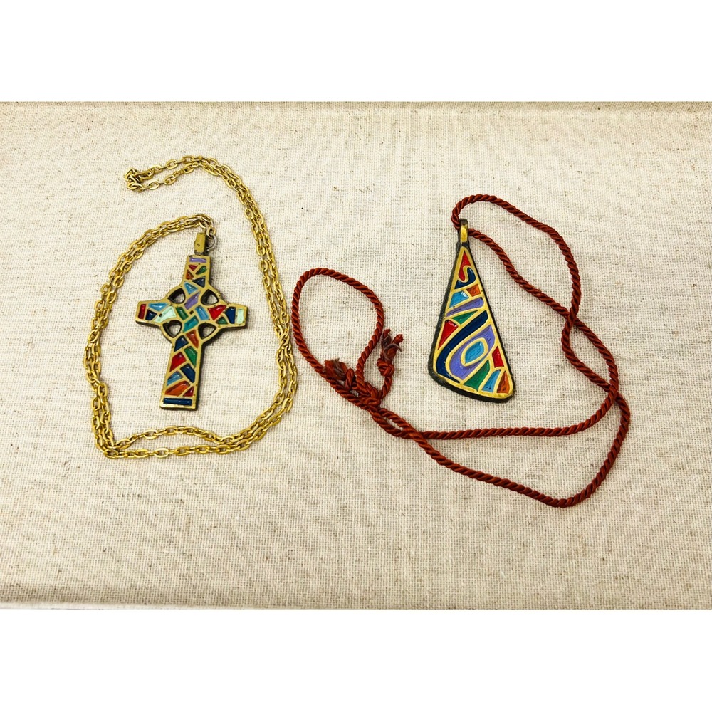 Vintage 1989 Terra Sancta Guild Enamel Cross & Shalom Pendant Necklace Set